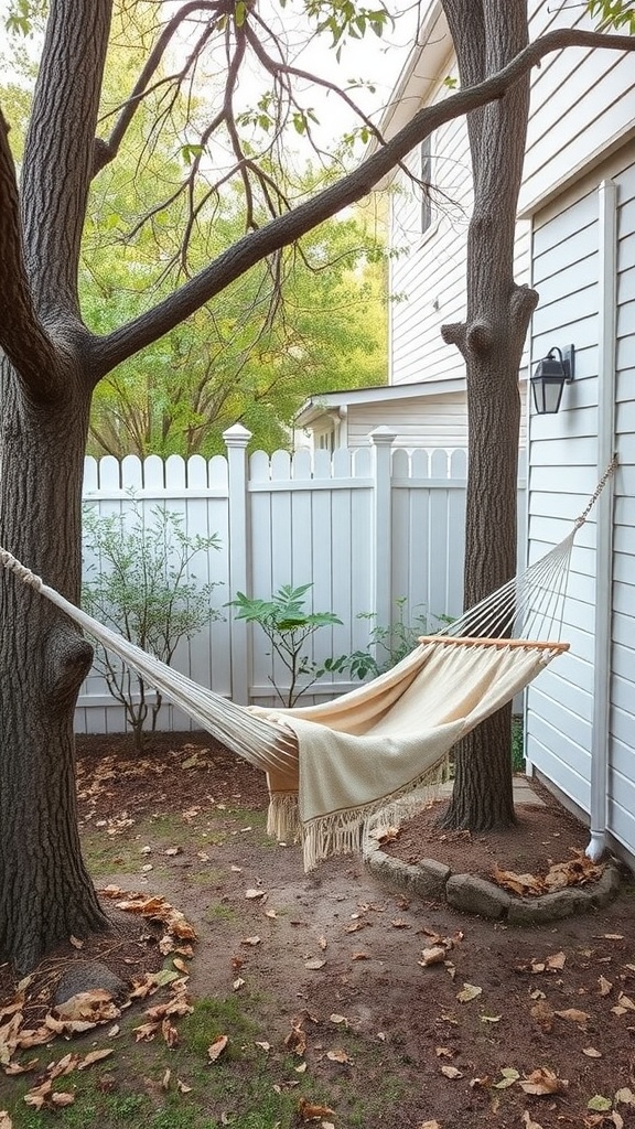 A cozy hammock corner between two trees, with a warm blanket and surrounded by a white picket fence.