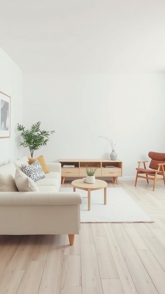 Cozy minimal living room with cream couch and wooden furniture