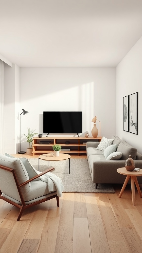 A cozy minimalist living room featuring a gray sofa, wooden furniture, and a light, airy feel.