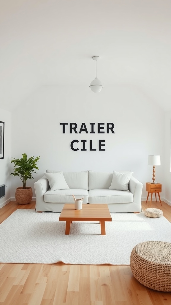 A cozy minimalist living room in a trailer house featuring a light-colored sofa, a wooden coffee table, and a potted plant.