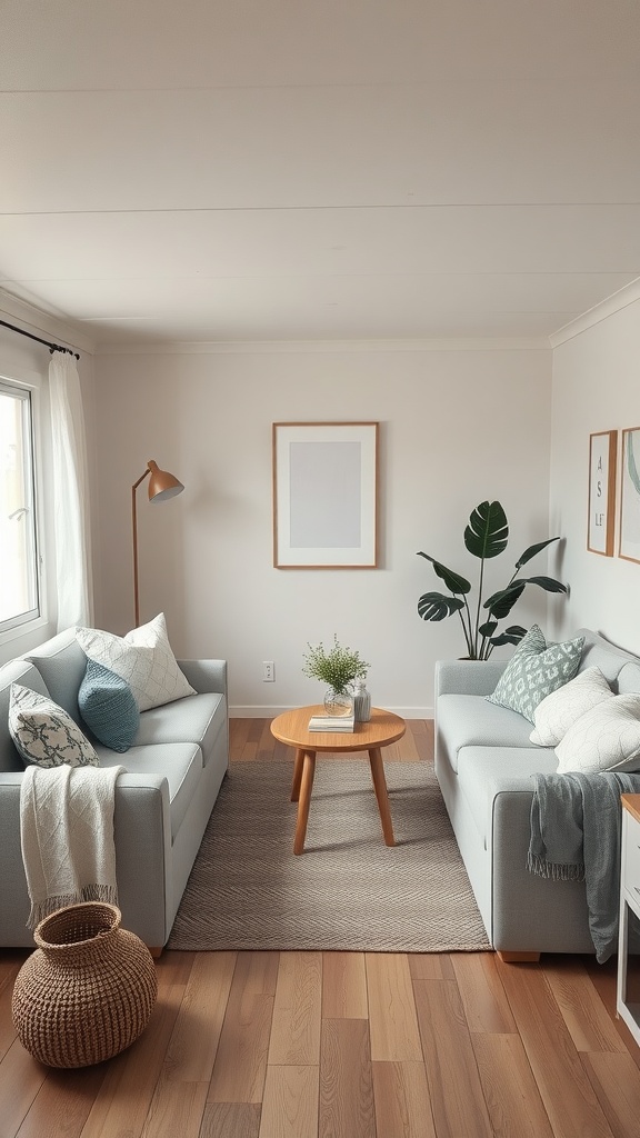 Cozy minimalist living room with light gray sofas, wooden coffee table, and a leafy plant.