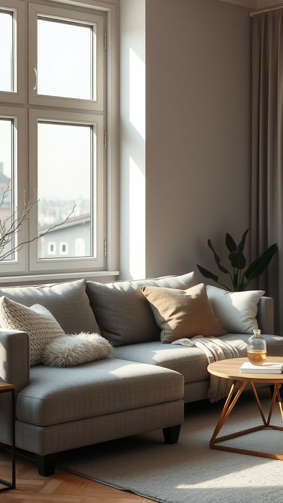 Cozy minimalist living room featuring a grey couch, large windows, and a wooden coffee table