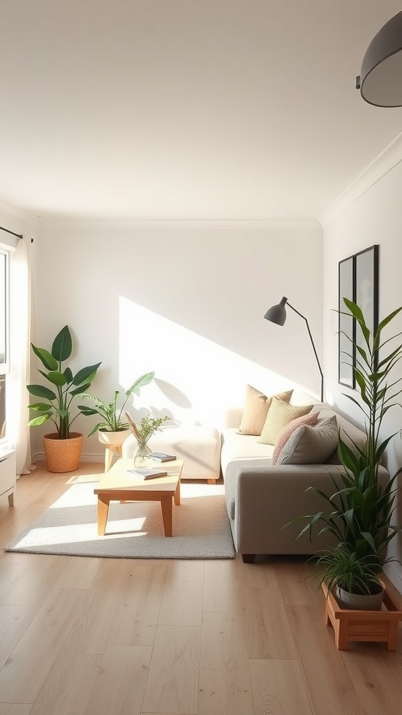 Cozy minimalist living room with neutral tones, featuring a gray sofa, wooden coffee table, plants, and natural light.