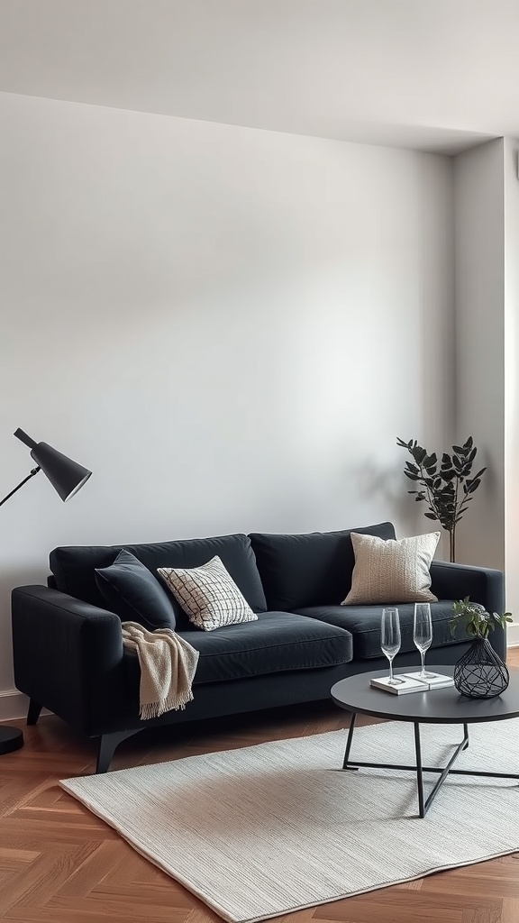 Cozy minimalist living room featuring a black couch, soft cushions, a round coffee table, and a floor lamp.