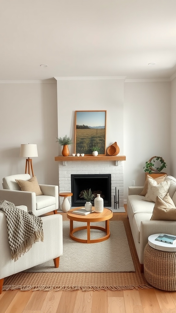 A cozy living room featuring neutral tones with a fireplace, wooden mantel, and comfortable seating arrangements.