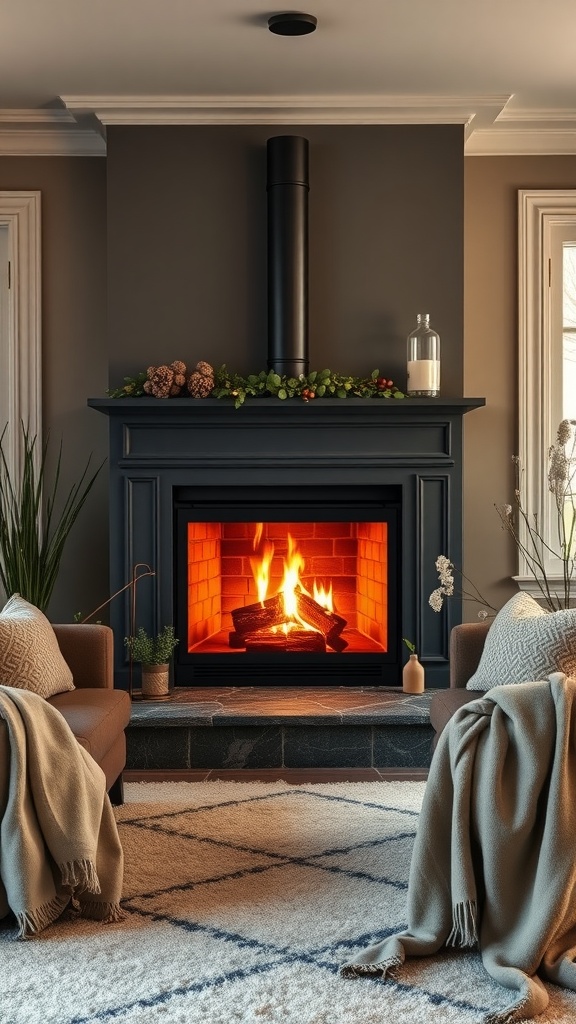 A cozy living room nook featuring a black fireplace, two chairs with blankets, and decorative elements on the mantel.