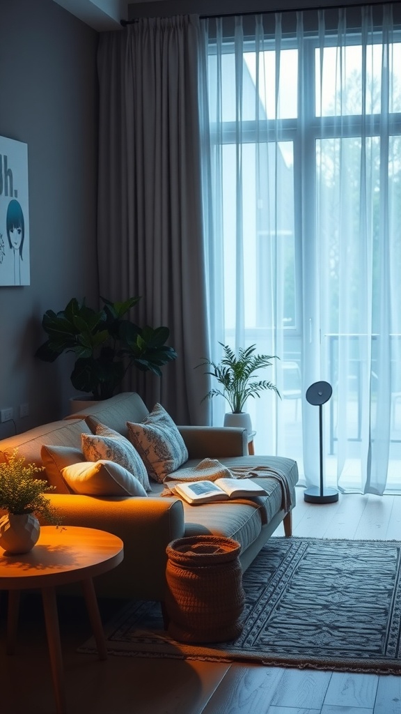 Cozy boho-style living room nook with a sofa, pillows, and a reading book by a window