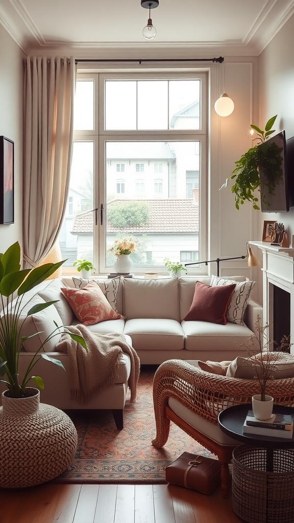 A cozy bohemian living room with a white sofa, rattan chair, plants, and large windows