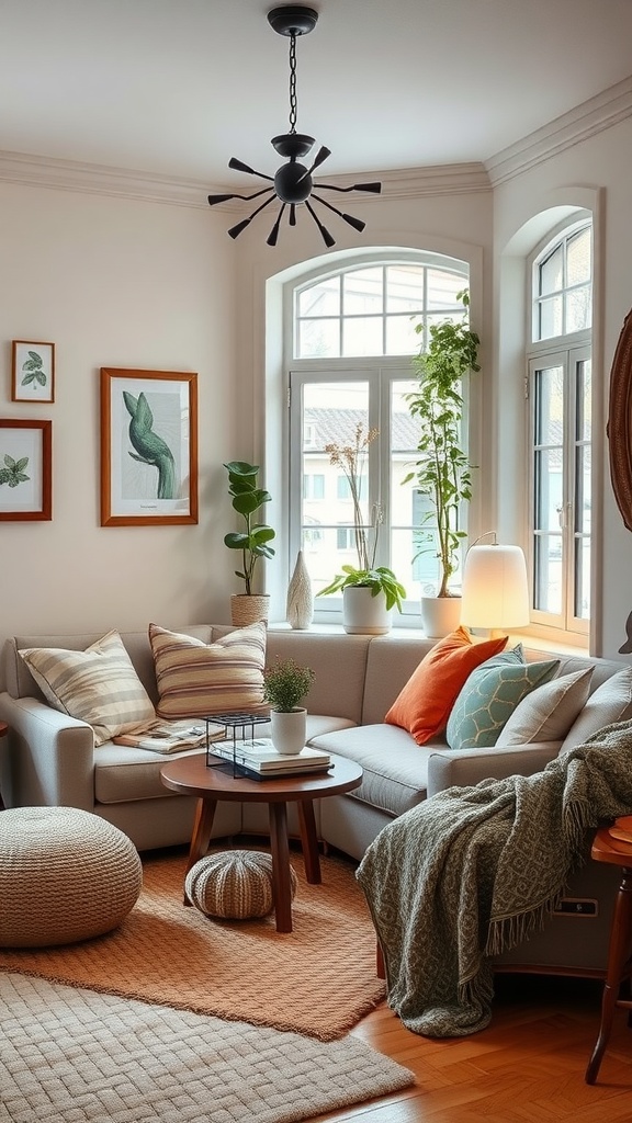 Cozy mid-century boho living room nook with a light gray couch, colorful cushions, plants, and a wooden table.