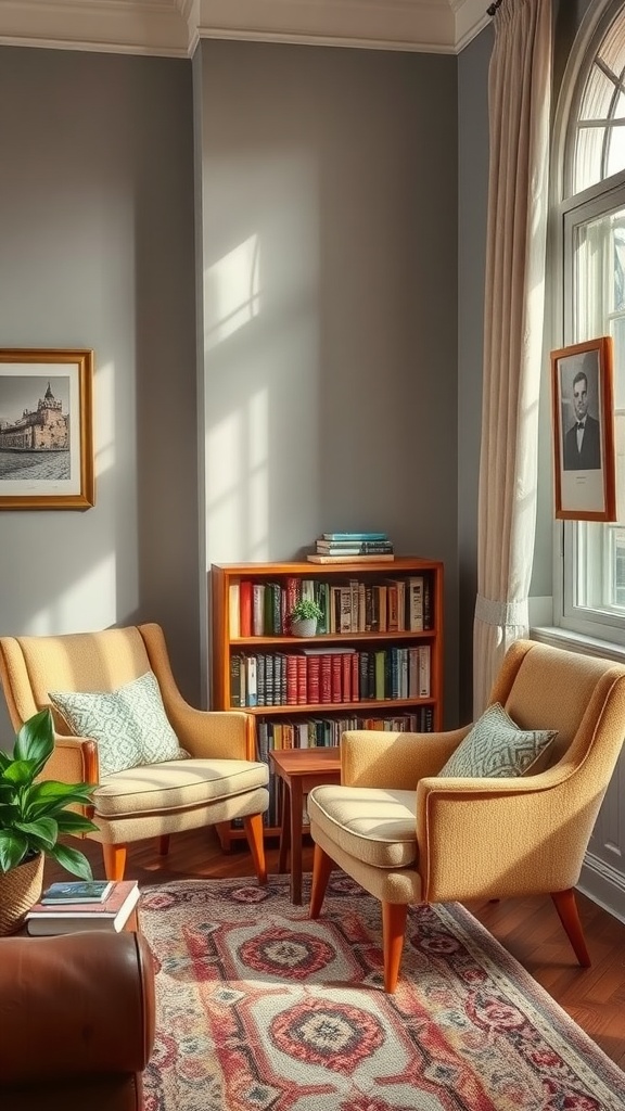 A cozy reading nook with two chairs, a small table, and a bookshelf in a ranch-style living room.