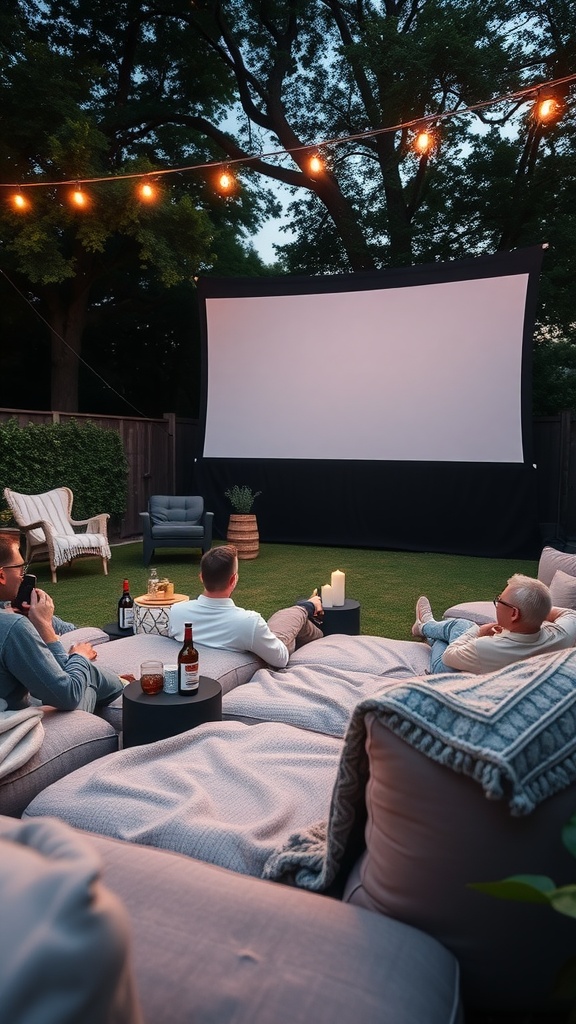 Cozy outdoor movie setup with large cushions, a screen, and string lights.