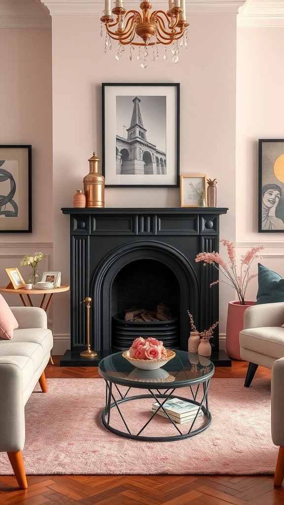 A cozy pink and black living room featuring a black fireplace, elegant decor, and soft pink accents.