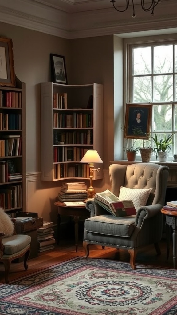 Cozy reading corner in an old English living room with a comfortable chair, soft lighting, and bookshelves.