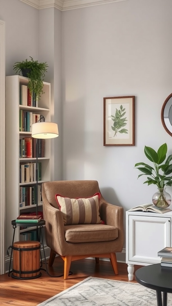 A cozy reading nook with a brown armchair, bookshelf, and a plant