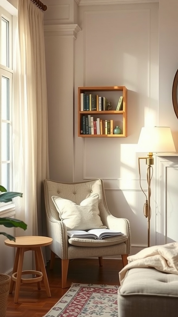 Cozy reading nook with a plush chair, a small side table, and a bookshelf