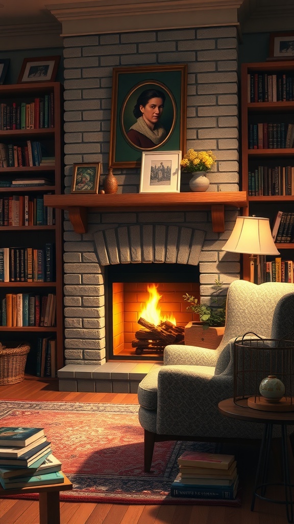 A cozy reading nook with a fireplace, featuring a comfortable chair, bookshelves filled with books, and a warm fire.