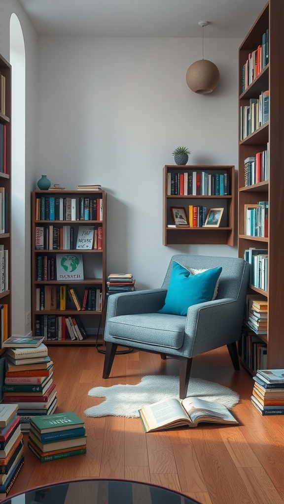 A cozy reading nook featuring a blue armchair, gray accents, and bookshelves filled with books.