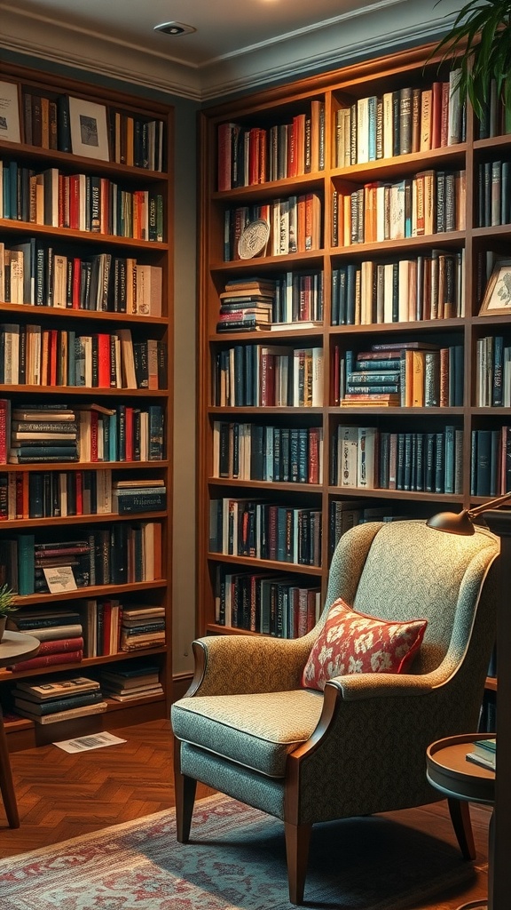 Cozy reading nook with bookshelves and a comfortable armchair