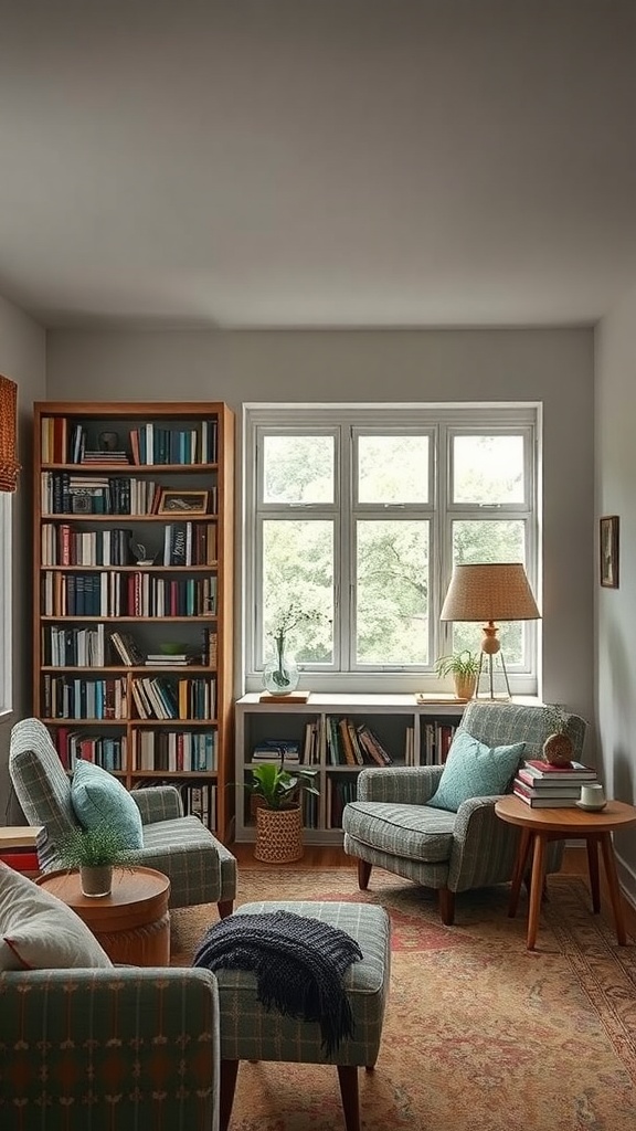 Cozy reading nook with two armchairs, a bookshelf, and natural light from the windows