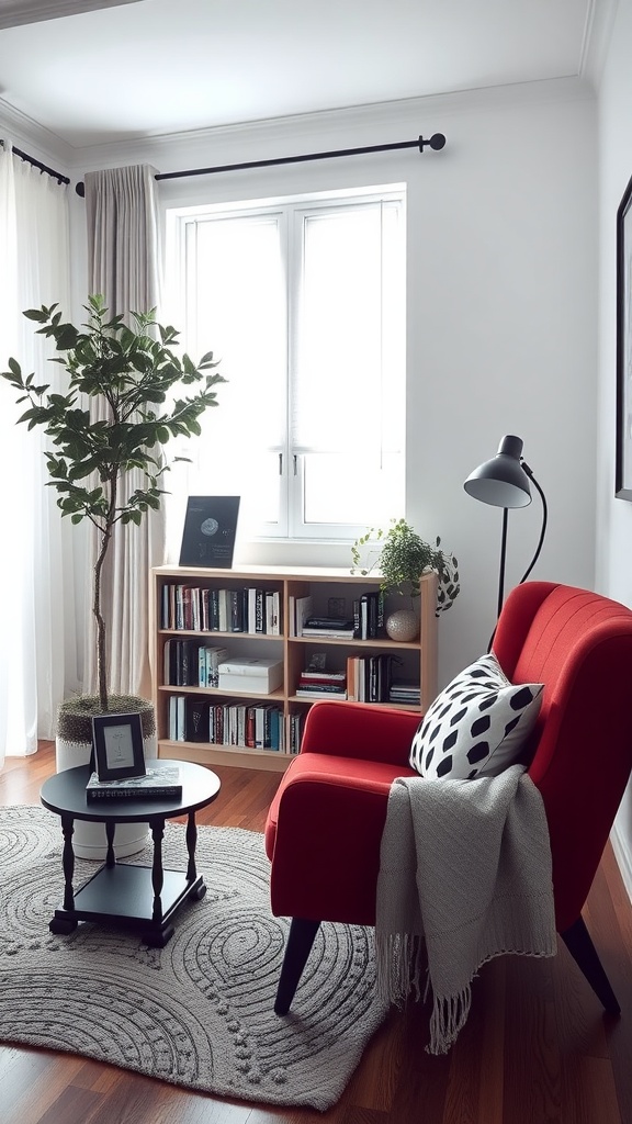 Cozy reading nook with a red armchair, round table, and bookshelves in a bright room