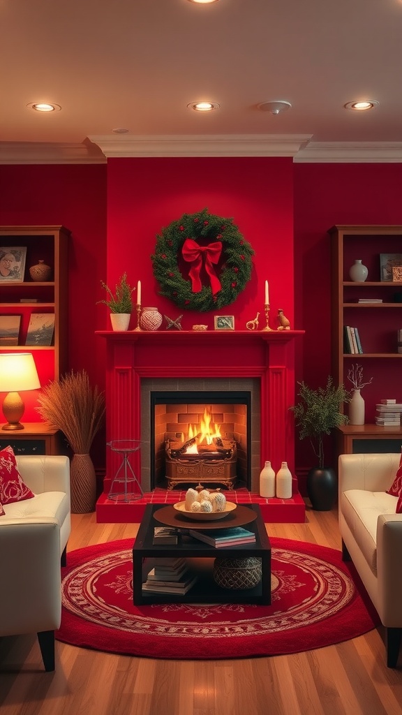 A cozy living room with a red fireplace, white sofas, and a festive wreath on the mantel.