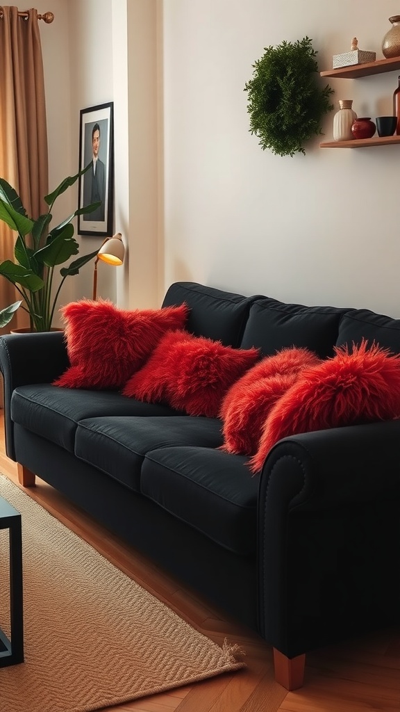 Cozy black couch with fluffy red throw pillows, indoor plants, and decorative shelves