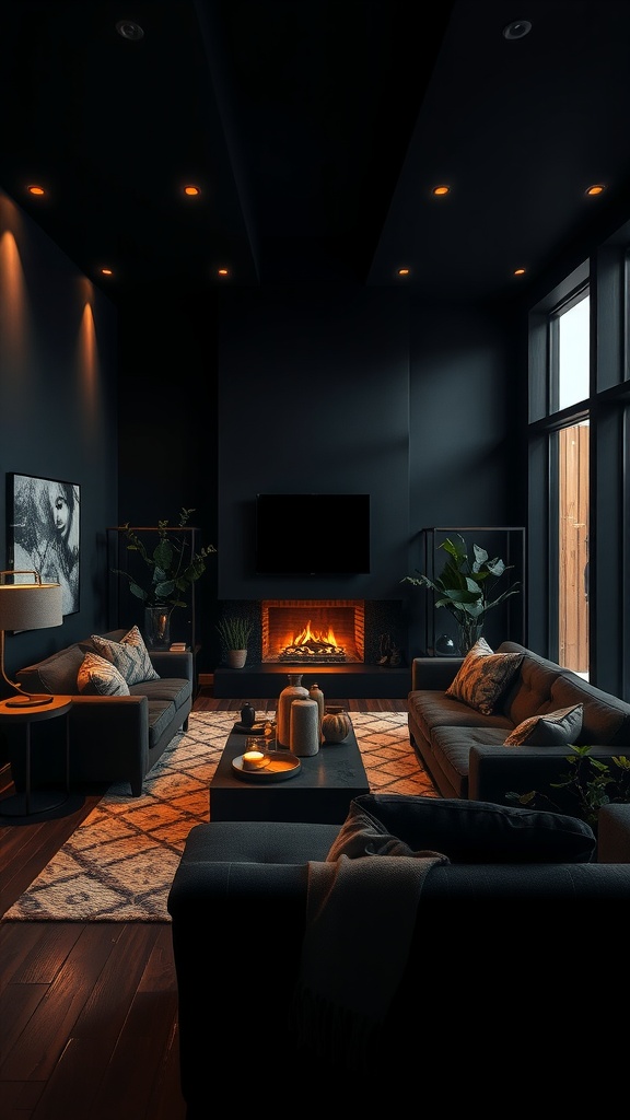 A cozy sunken living room with dark walls, warm lighting, and a fireplace