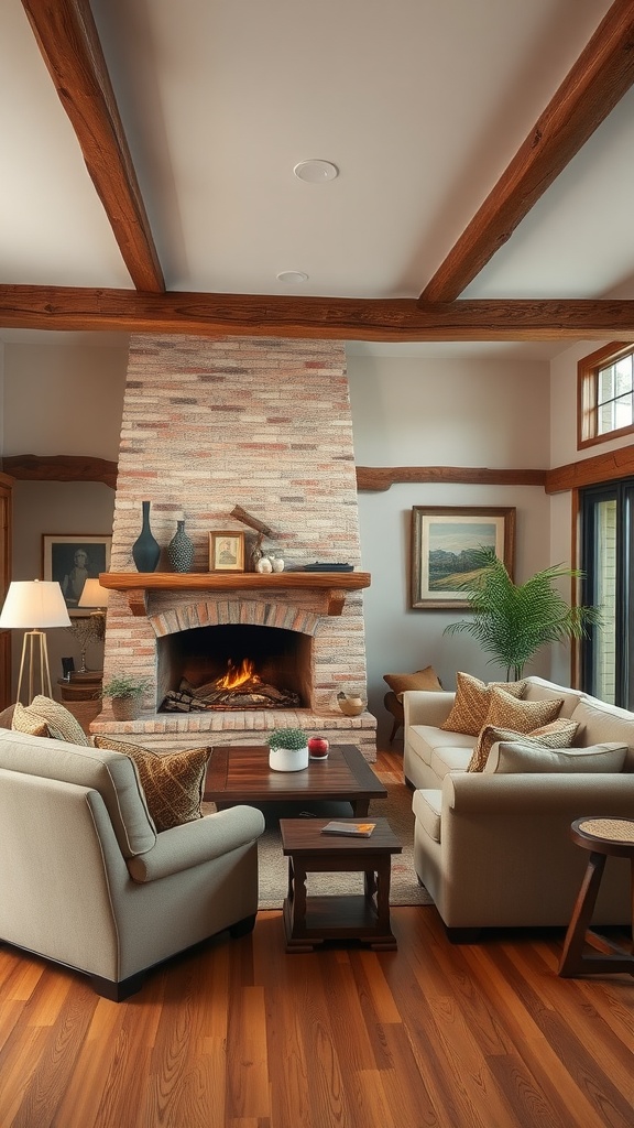 Cozy rustic beige living room with wooden beams, a brick fireplace, and comfortable seating