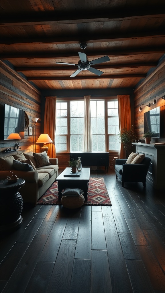 Cozy living room with dark wood floors and rustic decor