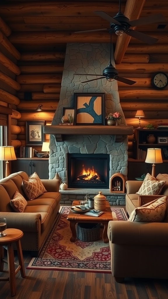 A cozy living room featuring brown couches, a stone fireplace, wooden walls, and warm lighting.