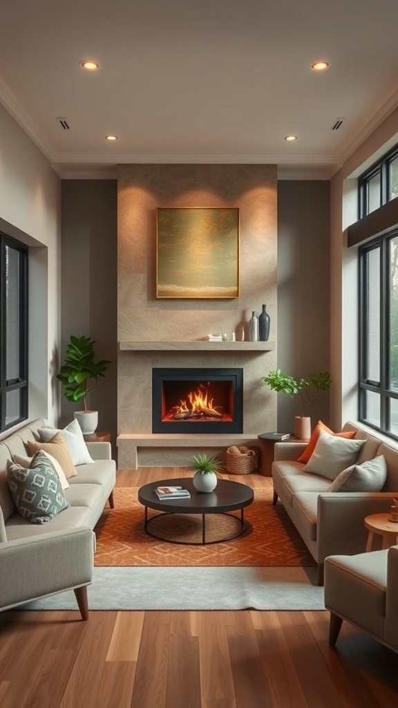 A cozy sunken living room featuring a fireplace, two sofas, and warm lighting.