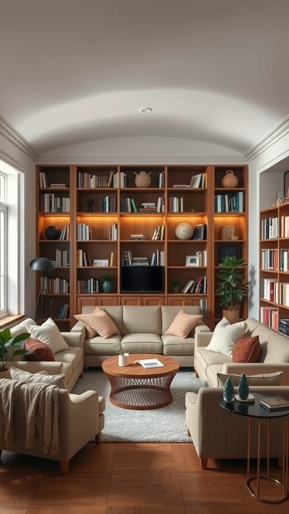 A cozy sunken living room featuring a large sectional sofa, bookshelves filled with books, a coffee table, and warm lighting.