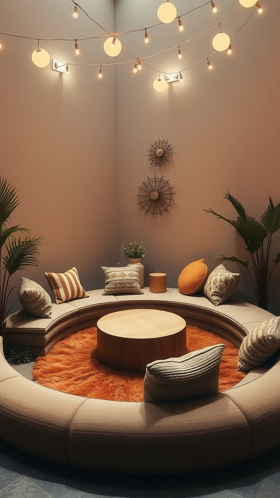 Cozy sunken seating area with circular seating, cushions, and soft lighting.