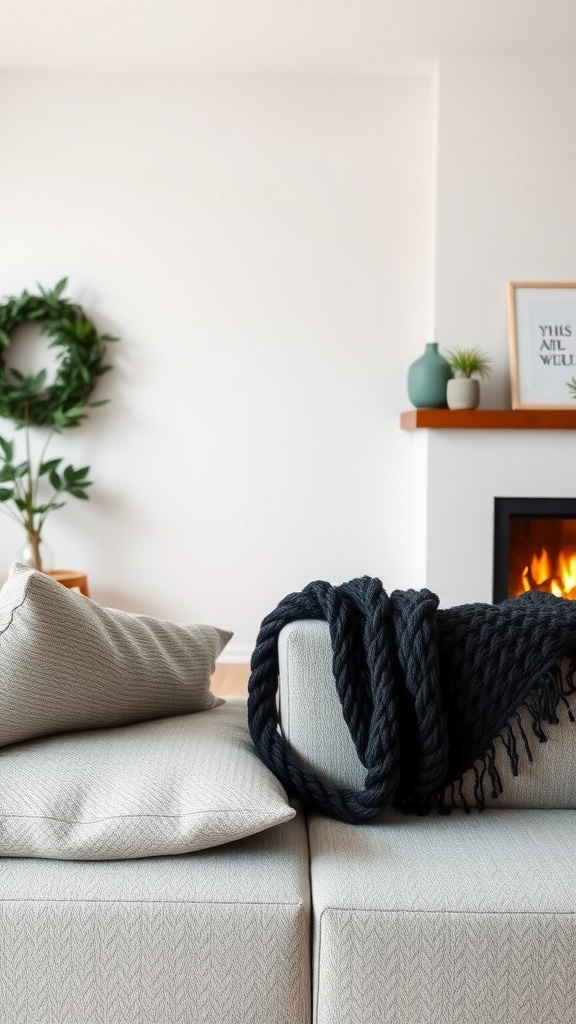 Cozy living room setup featuring textured pillows and a knitted throw on a light-colored sofa.