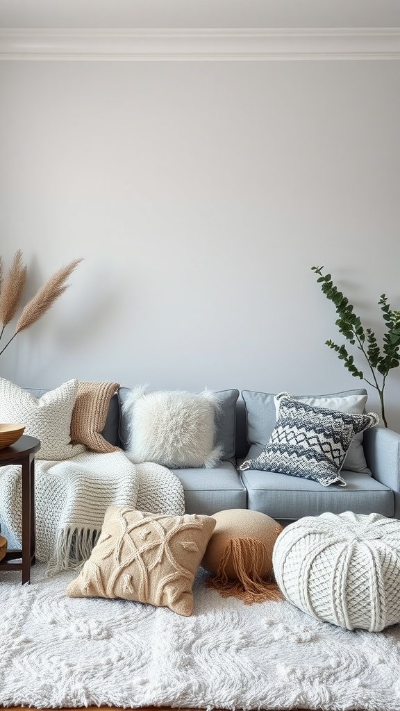 A cozy living room featuring a grey sofa with various textured pillows and throws, complemented by a soft rug and natural greenery.