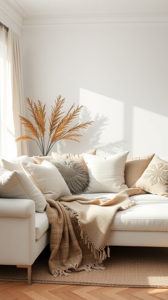 Cozy living room with a white sofa, textured pillows, and a beige throw blanket, complemented by dried grasses in a vase.