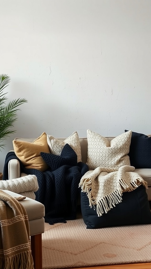 A cozy living room scene featuring a sofa with various textured pillows and throws in beige, black, and navy, complemented by a green plant.