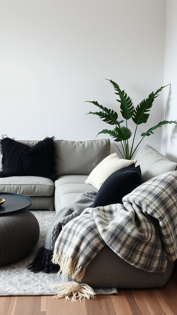 Cozy living room with a grey sofa, black and cream pillows, a plaid throw, and a potted plant.