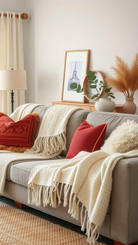 A cozy living room couch with throw blankets and decorative pillows.