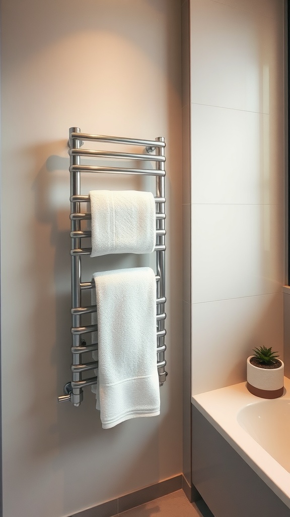 A modern towel warmer with two white towels hanging, set in a stylish bathroom