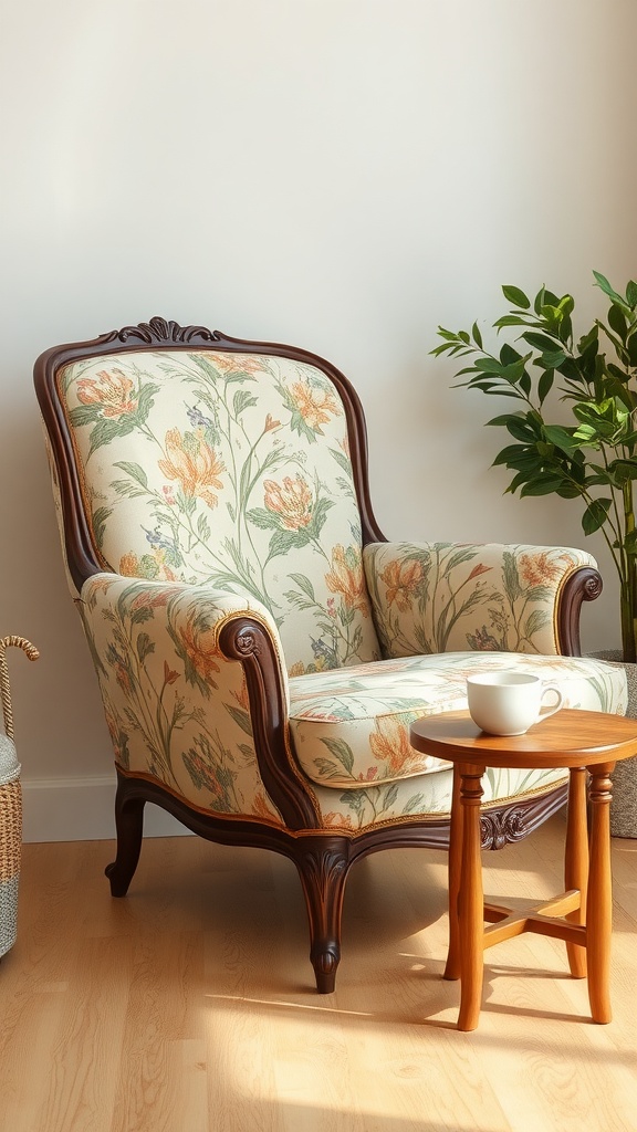 A cozy vintage armchair with floral upholstery and a wooden side table