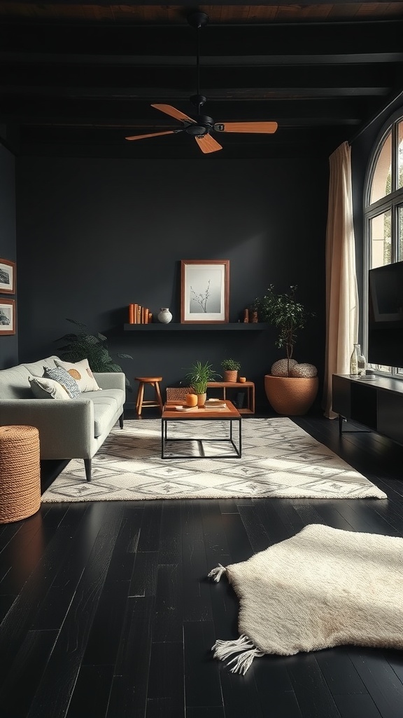 A cozy living room featuring a gray sofa, dark walls, natural wood accents, and warm textures.