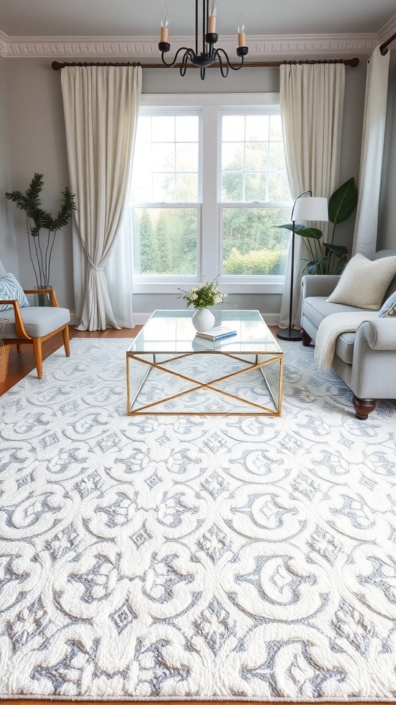 A cozy living room featuring a white area rug with silver patterns, light curtains, a glass coffee table, and comfortable seating.