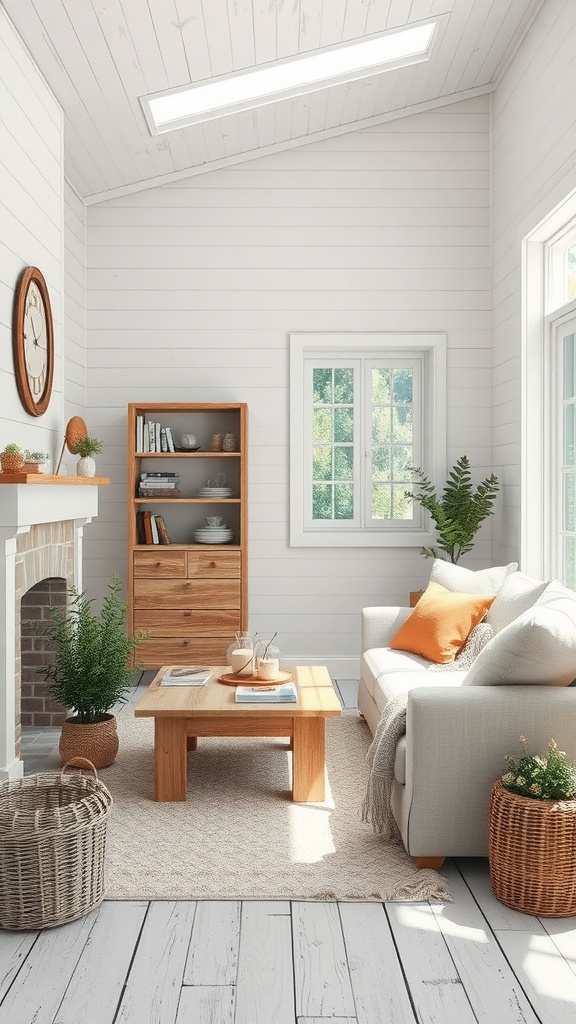 Cozy living room with white walls, a white sofa, wooden coffee table, and indoor plants.