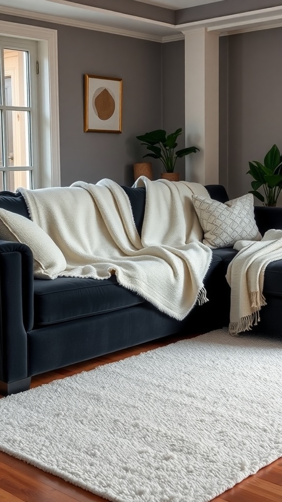 A cozy living room featuring a dark couch with white throw blankets draped over it, complemented by decorative pillows and a textured rug.