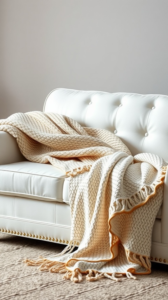 A cozy white throw blanket with gold hues draped over a white sofa.