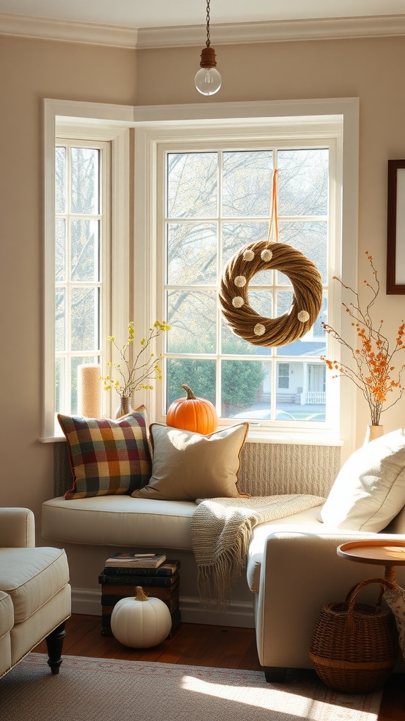 Cozy window nook decorated for fall with cushions, a pumpkin, and branches in a vase.