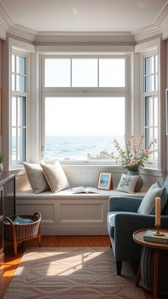 A cozy window seat in a coastal living room with ocean view.