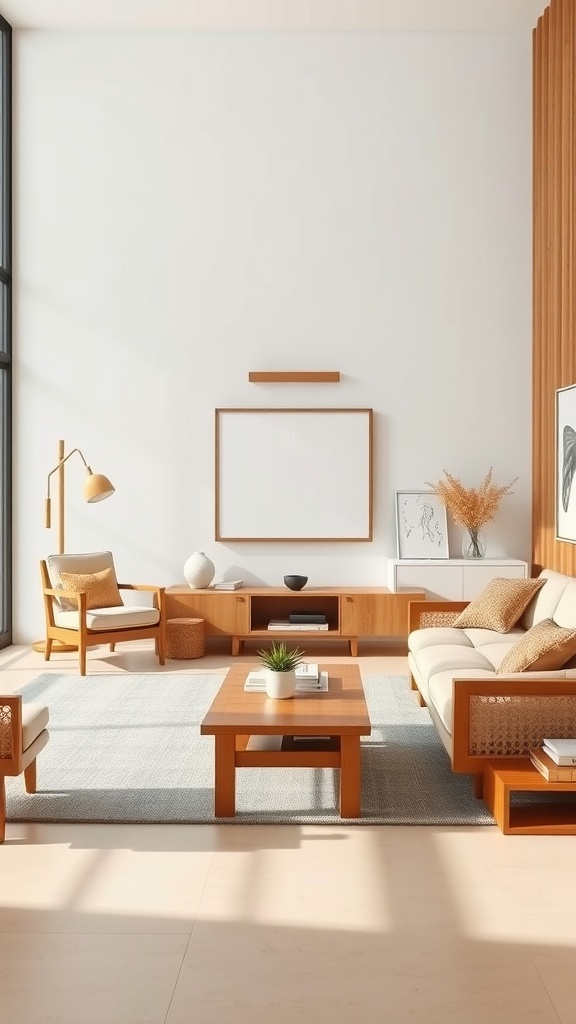 A minimalist bohemian living room featuring crafted wood furniture, with a warm color palette and natural light.