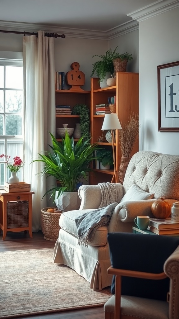 A cozy reading nook in a country-style living room with an armchair, plants, and a stack of books.